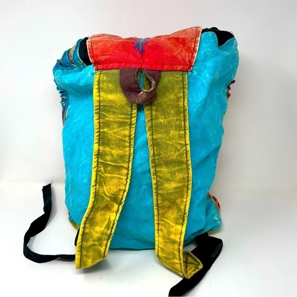 Boho Multicolor Backpack Drawstring & Button Closure Adjustable Straps - Picture 3 of 10